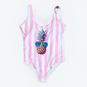 Pink and White Striped Swimsuit with Pineapple Design Womens Large Cheeky